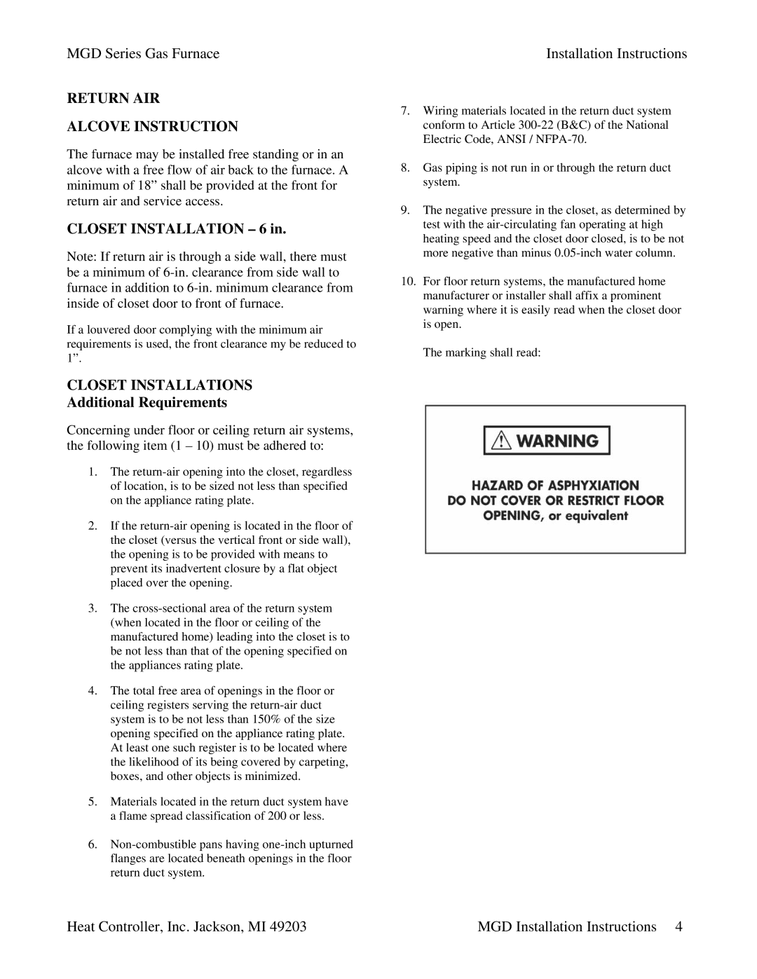 Heat Controller MGD60-E3A, MGD90-E5A, MGD90-E3A, MGD75-E5A, MGD60-E5A Return AIR Alcove Instruction, Closet Installations 