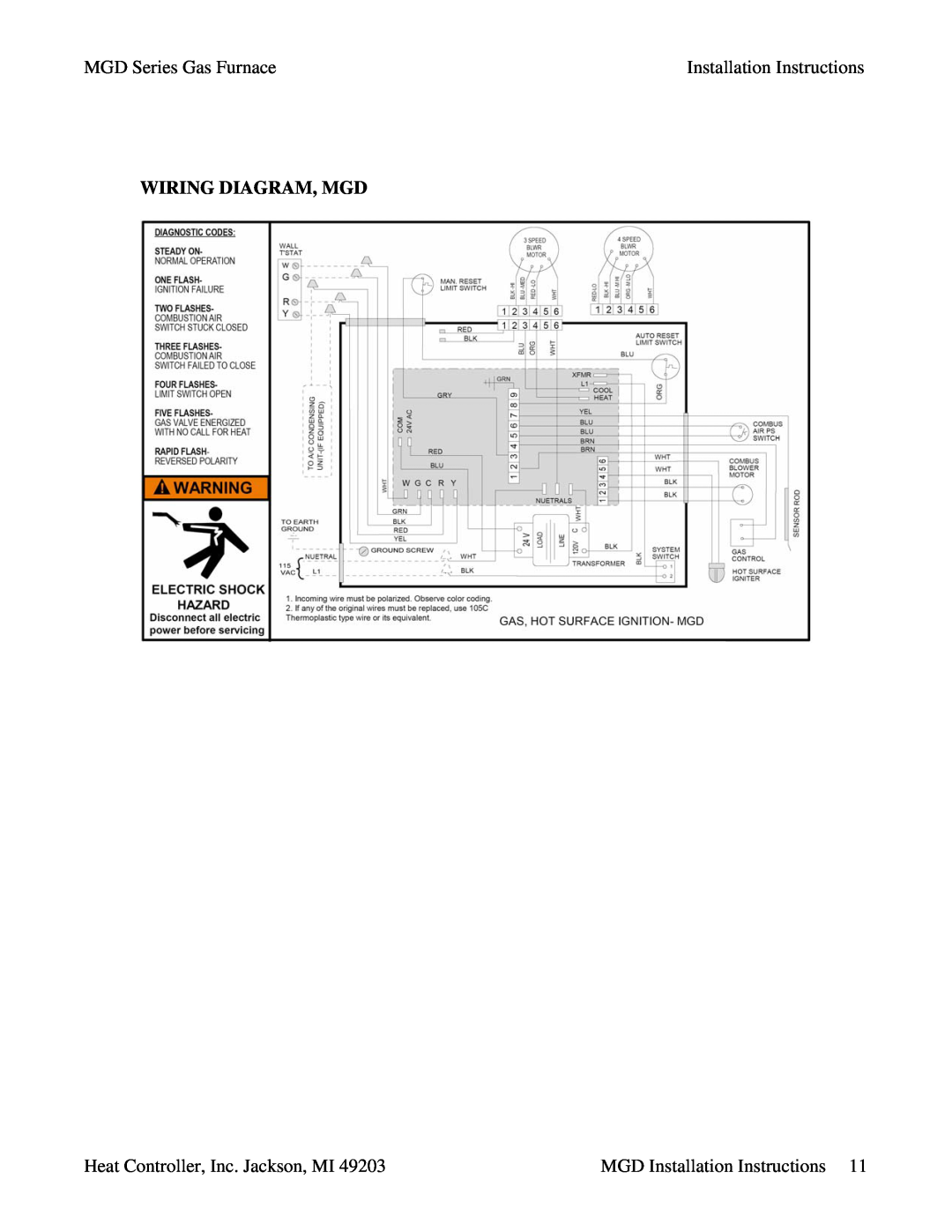 Heat Controller MGD75-E3A, MGD90-E5A, MGD90-E3A Wiring Diagram, Mgd, MGD Series Gas Furnace, Installation Instructions 