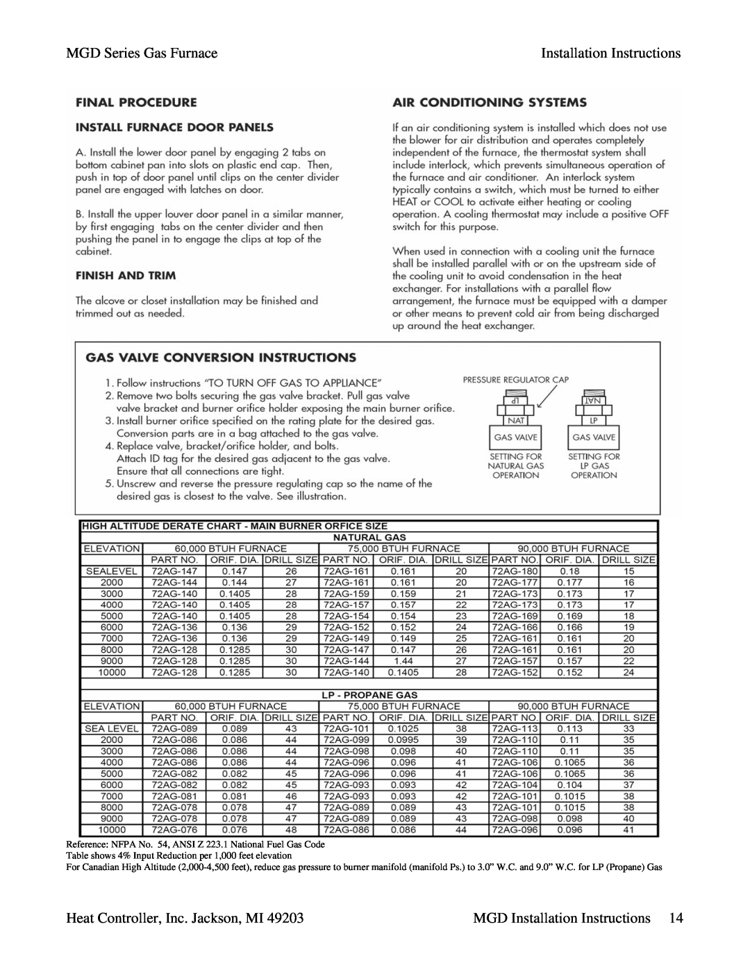 Heat Controller MGD75-E5A, MGD90-E5A MGD Series Gas Furnace, Installation Instructions, Heat Controller, Inc. Jackson, MI 