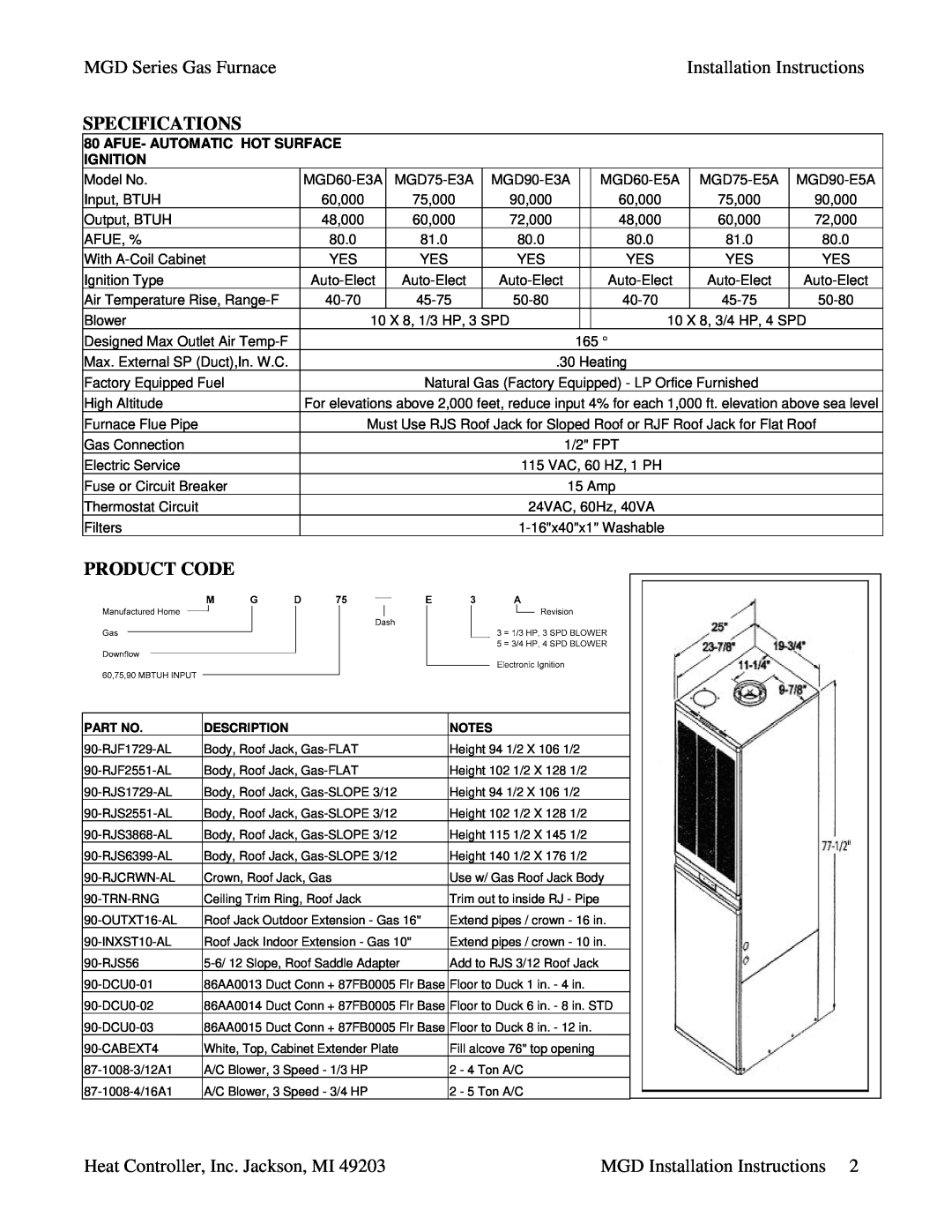 Heat Controller MGD75-E5A MGD Series Gas Furnace, Installation Instructions, Specifications, Product Code, Ignition 