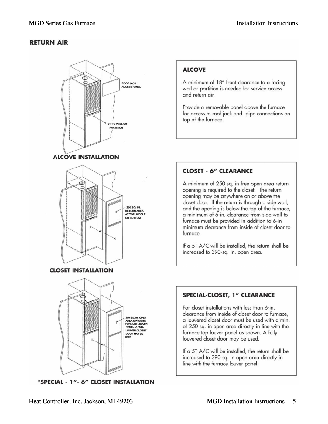 Heat Controller MGD75-E3A, MGD90-E5A MGD Series Gas Furnace, Installation Instructions, Heat Controller, Inc. Jackson, MI 