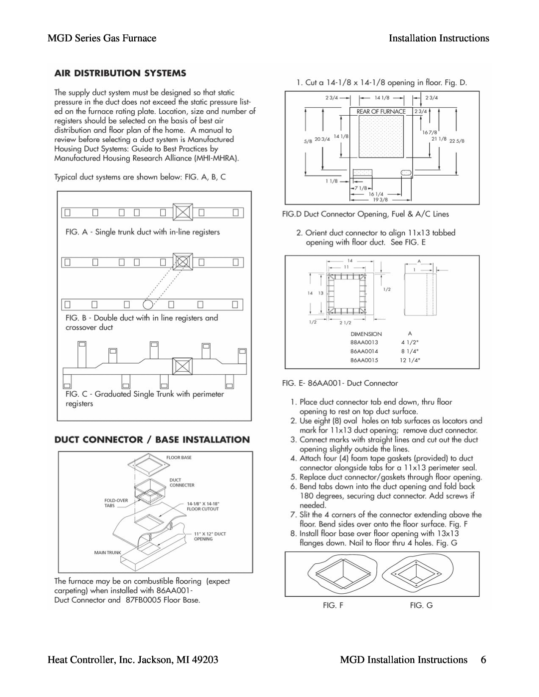 Heat Controller MGD90-E5A, MGD90-E3A MGD Series Gas Furnace, Installation Instructions, Heat Controller, Inc. Jackson, MI 