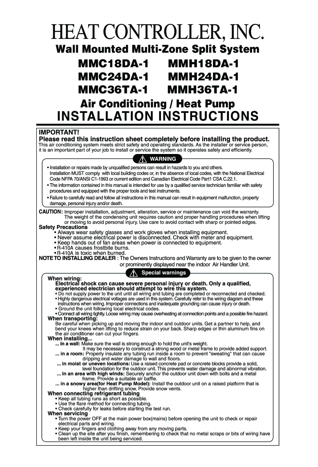 Heat Controller MMC24DA-1, MMC18DA-1, MMH36TA-1, MMC36TA-1, MMH24DA-1 manual Heat CONTROLLER, INC 