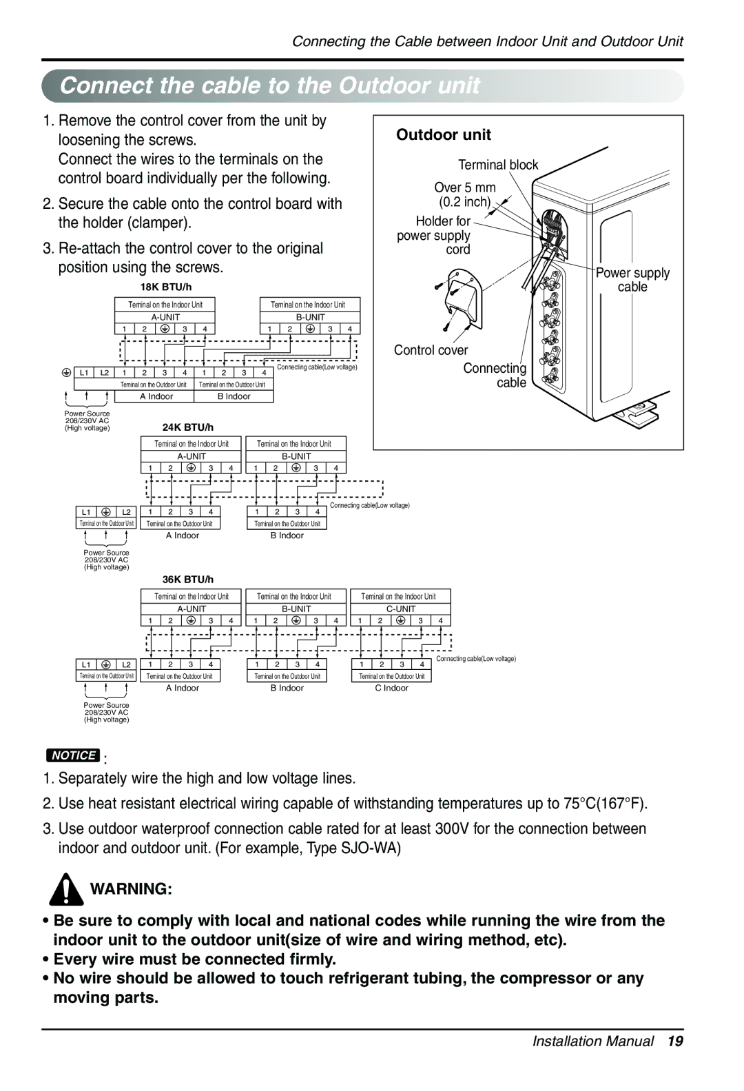 Heat Controller MMC24DA-1, MMC18DA-1, MMH36TA-1, MMC36TA-1, MMH24DA-1, MMH18DA-1 manual Connect the cable to the Outdoor unit 