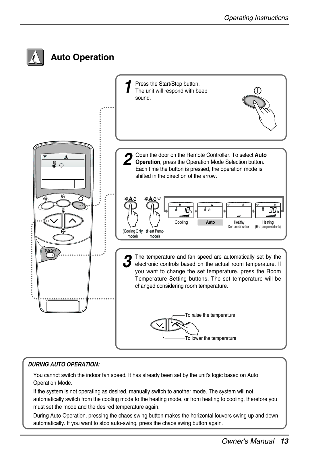 Heat Controller MMC36TA-1, MMC18DA-1, MMC24DA-1 manual Auto Operation, Temperature and fan speed are automatically set by 