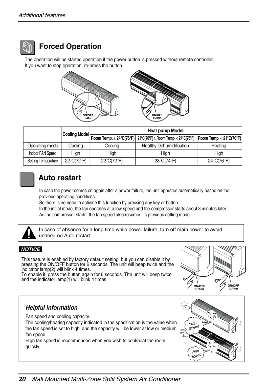 Heat Controller MMC18DA-1, MMC24DA-1 manual Forced Operation, Auto restart, Heat pump Model, Fan speed and cooling capacity 