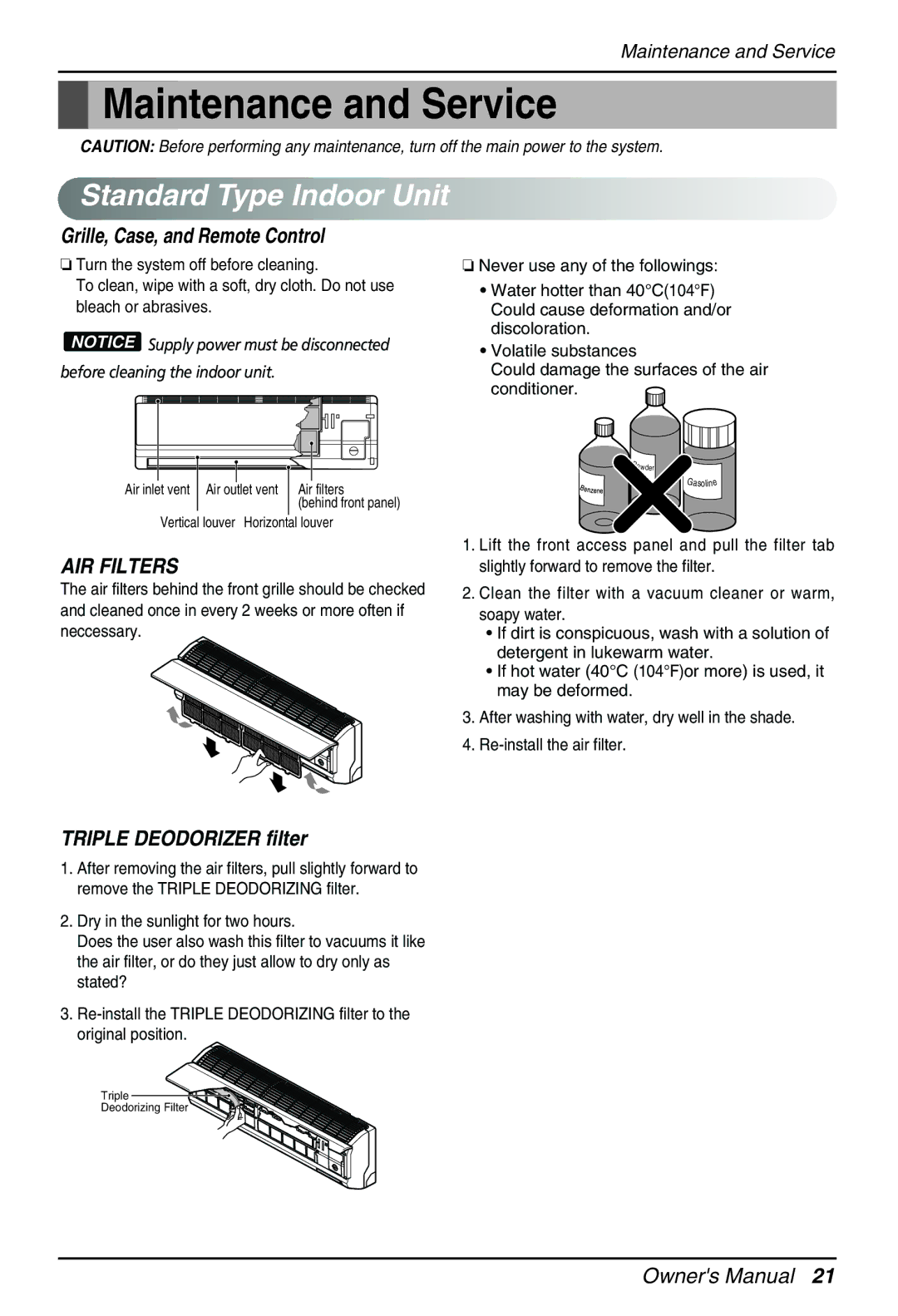 Heat Controller MMC24DA-1, MMC18DA-1, MMH36TA-1, MMC36TA-1, MMH24DA-1 manual Maintenance and Service, Standard Type Indoor Unit 