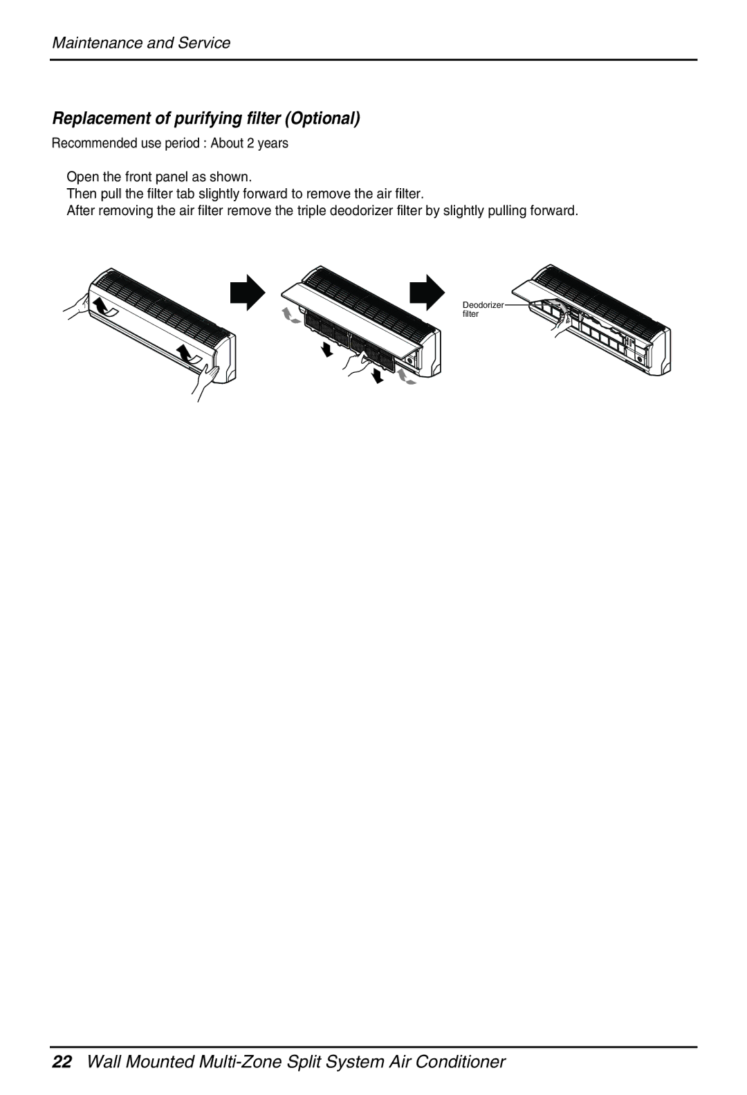 Heat Controller MMH36TA-1, MMC18DA-1, MMC24DA-1, MMC36TA-1, MMH24DA-1 manual Replacement of purifying filter Optional 