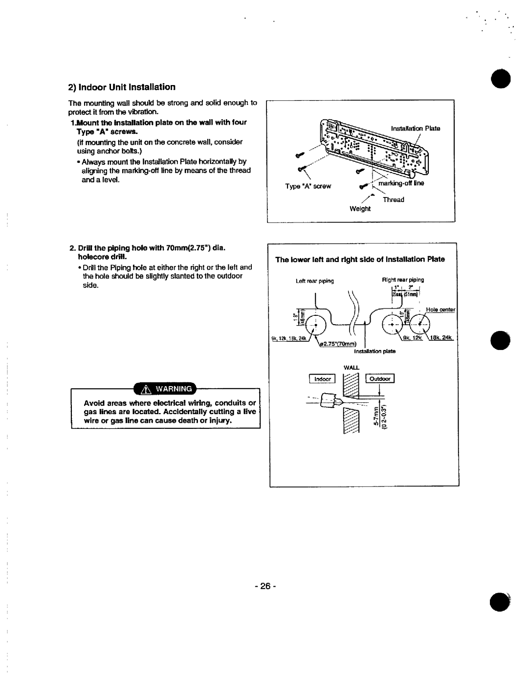 Heat Controller MSS-024B/A, MSH-0186/A manual Indoor Unit Installation, Avoid areas where electrical wiring, conduits or 