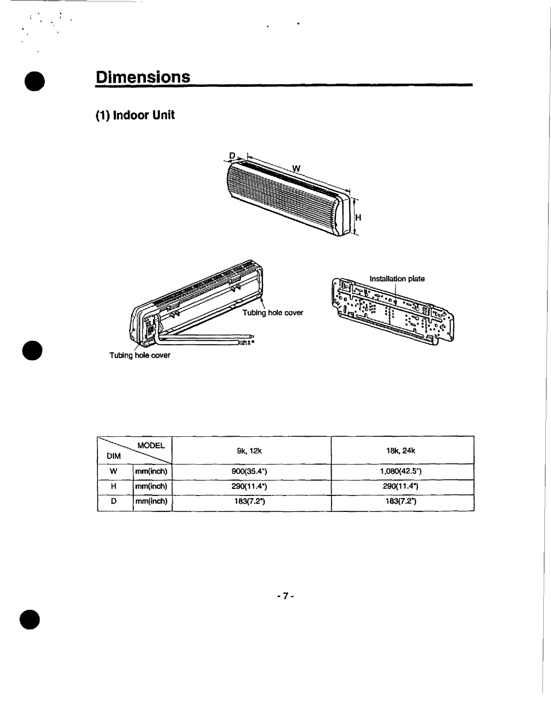 Heat Controller MSH-0186/A, MSS-018B/A manual Indoor Unit, Jzý, Installation plate, Tubing hole cover, 9k, 12k 18k, 24k 