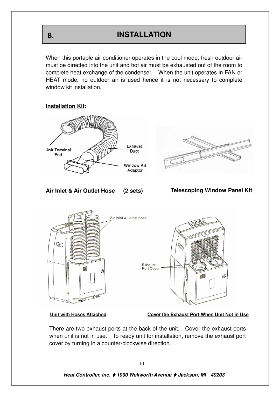 Heat Controller PE-91A PE-121A owner manual Installation Kit Air Inlet & Air Outlet Hose 2 sets 