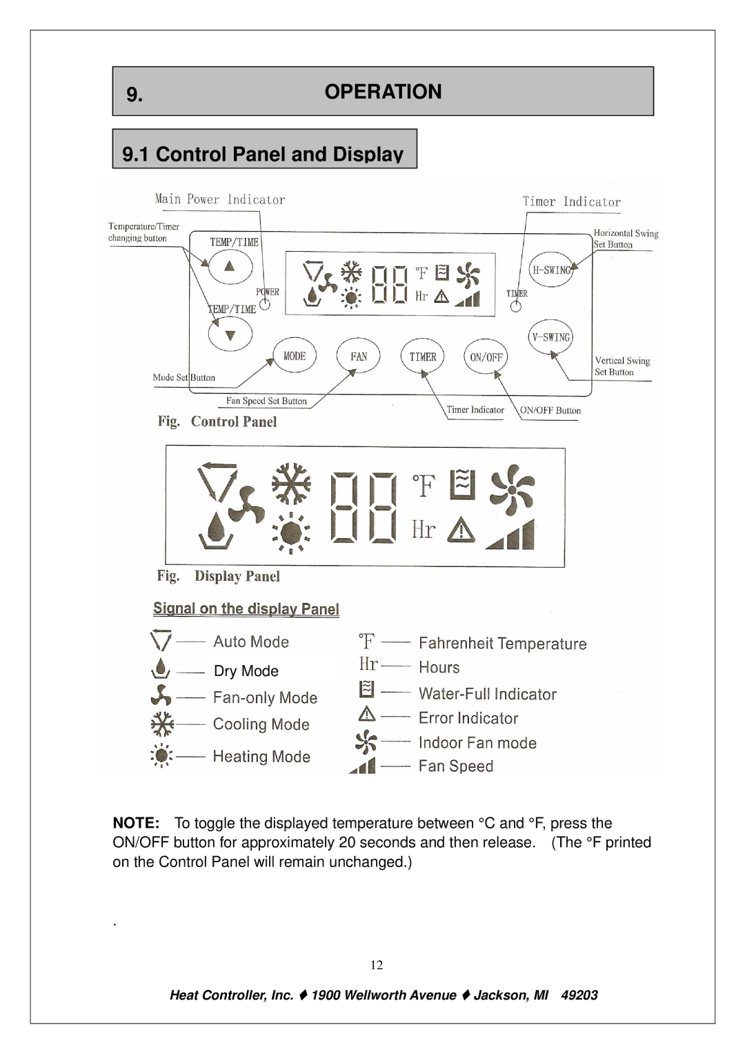 Heat Controller PE-91A PE-121A owner manual Operation, Control Panel and Display 