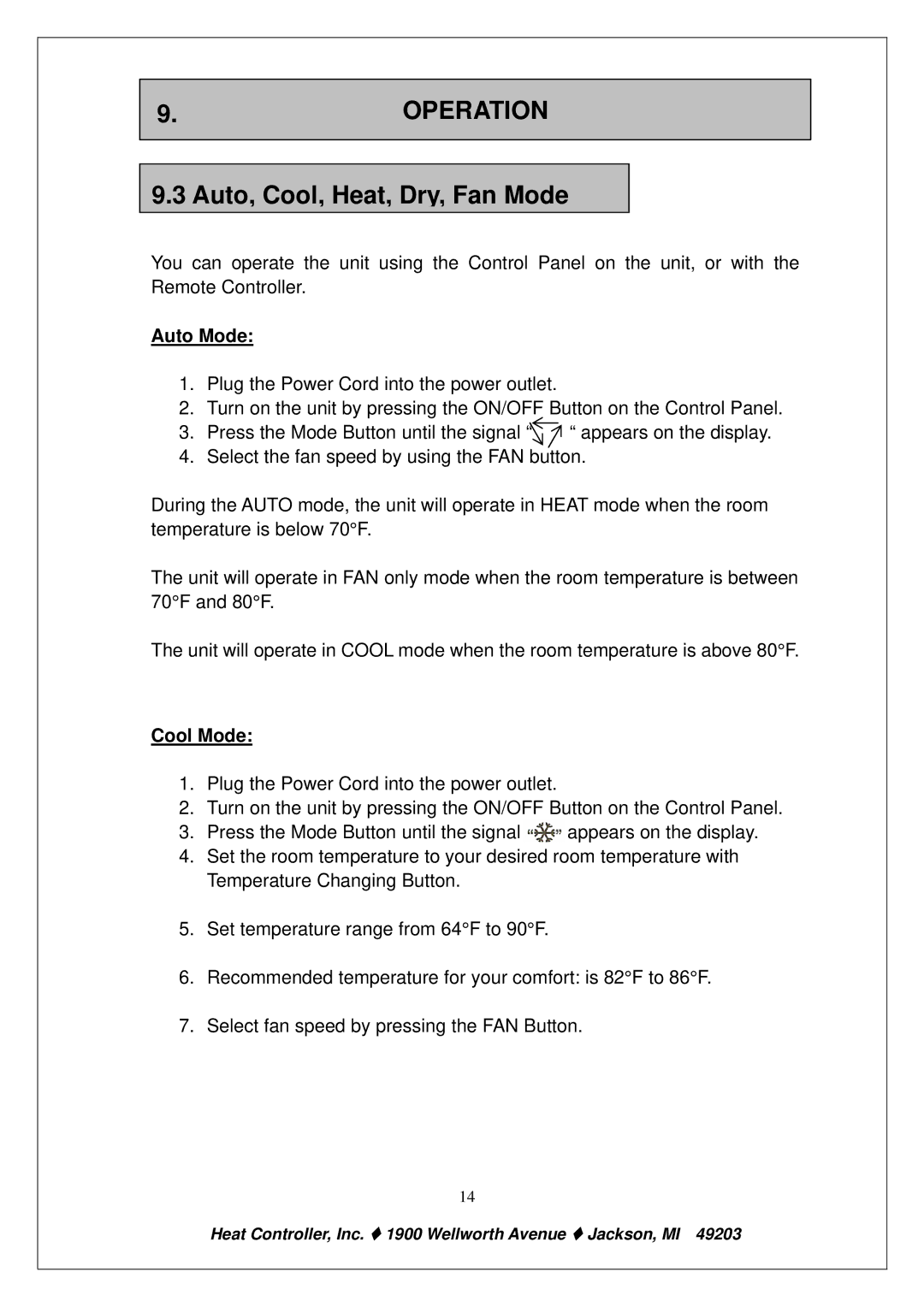 Heat Controller PE-91A PE-121A owner manual Auto, Cool, Heat, Dry, Fan Mode, Auto Mode, Cool Mode 