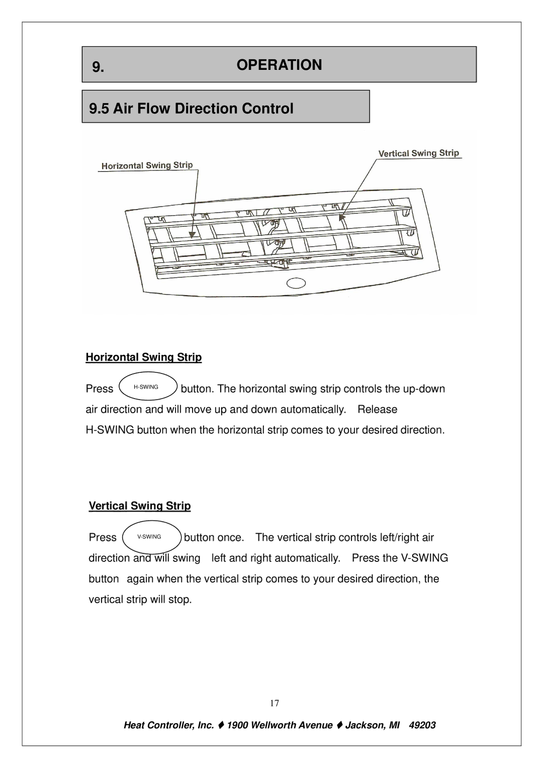 Heat Controller PE-91A PE-121A owner manual Air Flow Direction Control, Horizontal Swing Strip, Vertical Swing Strip 