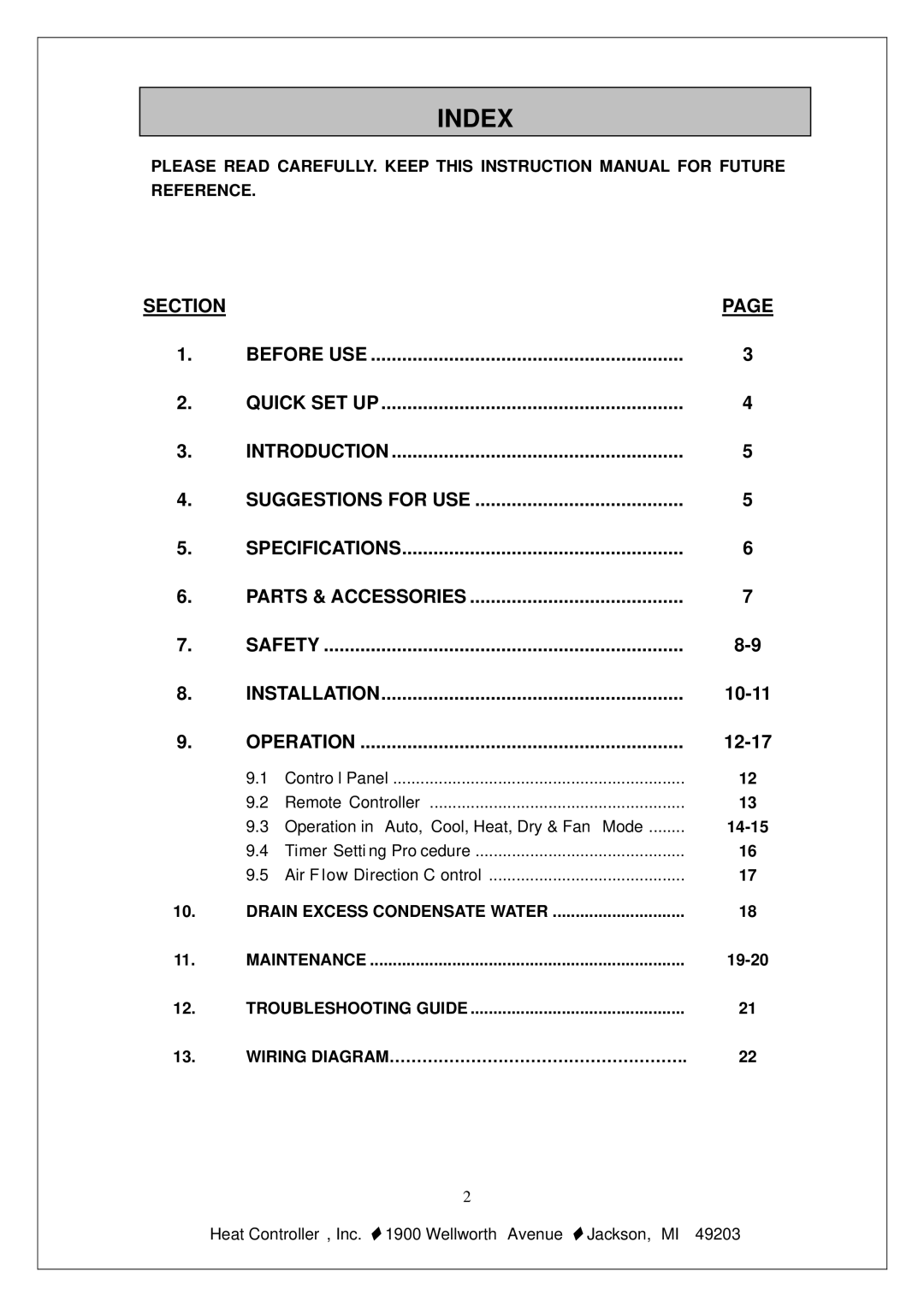 Heat Controller PE-91A PE-121A owner manual Index, Operation, 12-17 