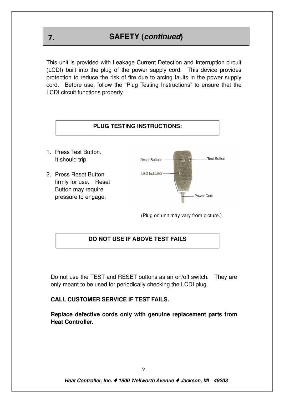 Heat Controller PE-91A PE-121A owner manual Safety, Plug Testing Instructions, Do not USE if Above Test Fails 