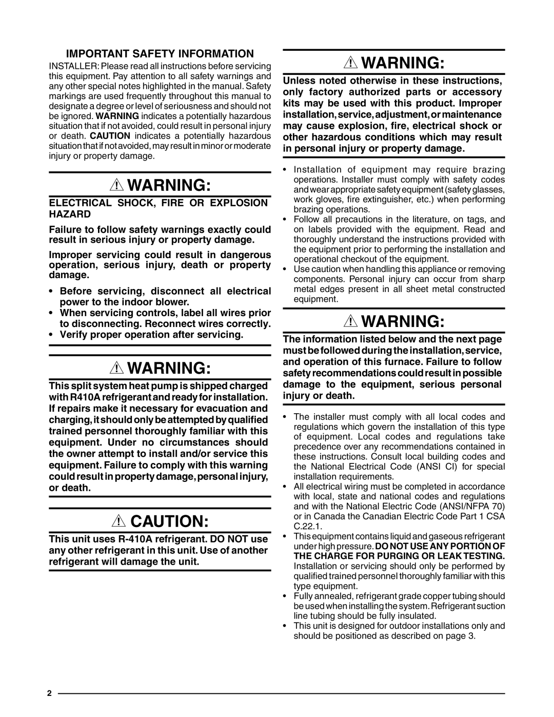 Heat Controller R-410A installation instructions Important Safety Information, Electrical SHOCK, Fire or Explosion Hazard 