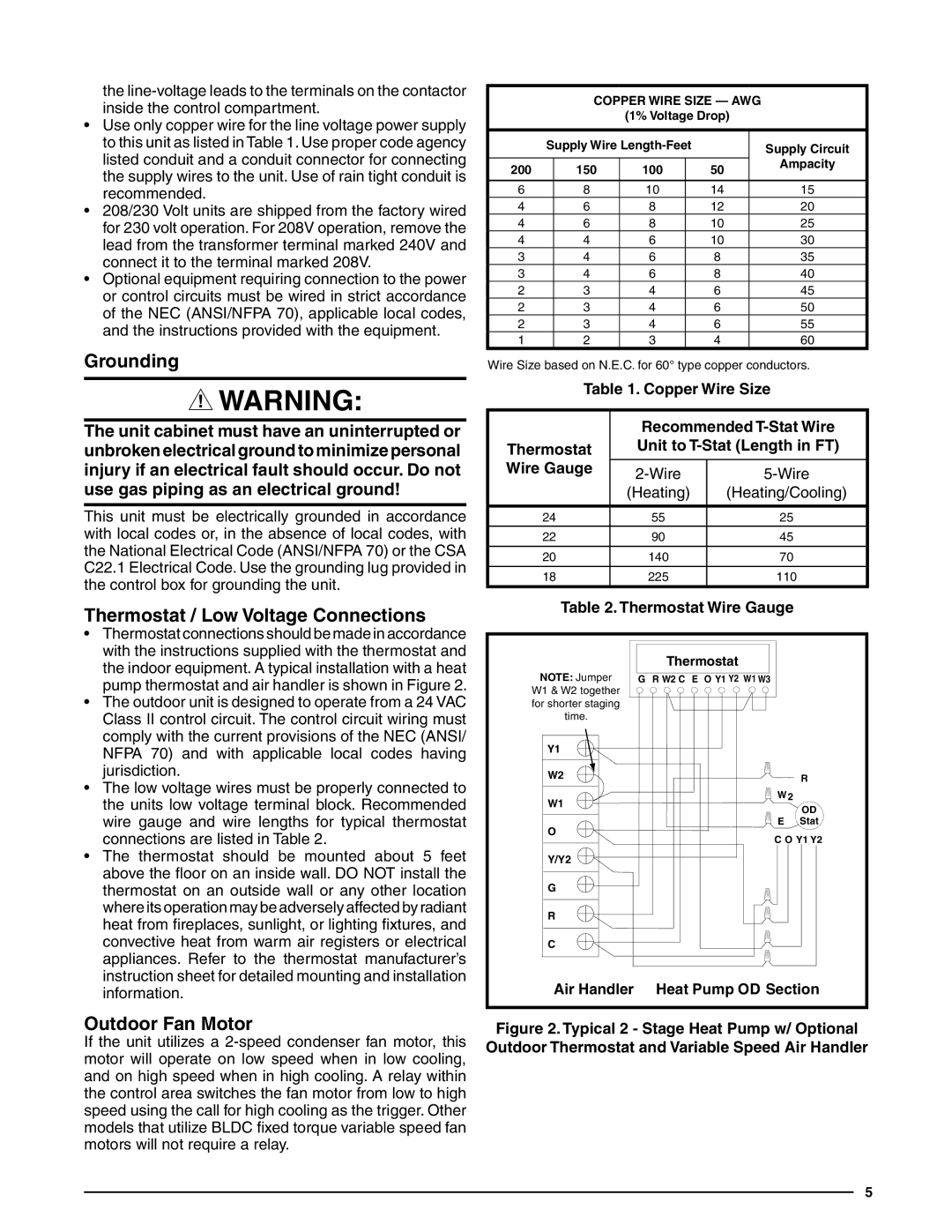 Heat Controller R-410A installation instructions Grounding, Thermostat / Low Voltage Connections, Outdoor Fan Motor 