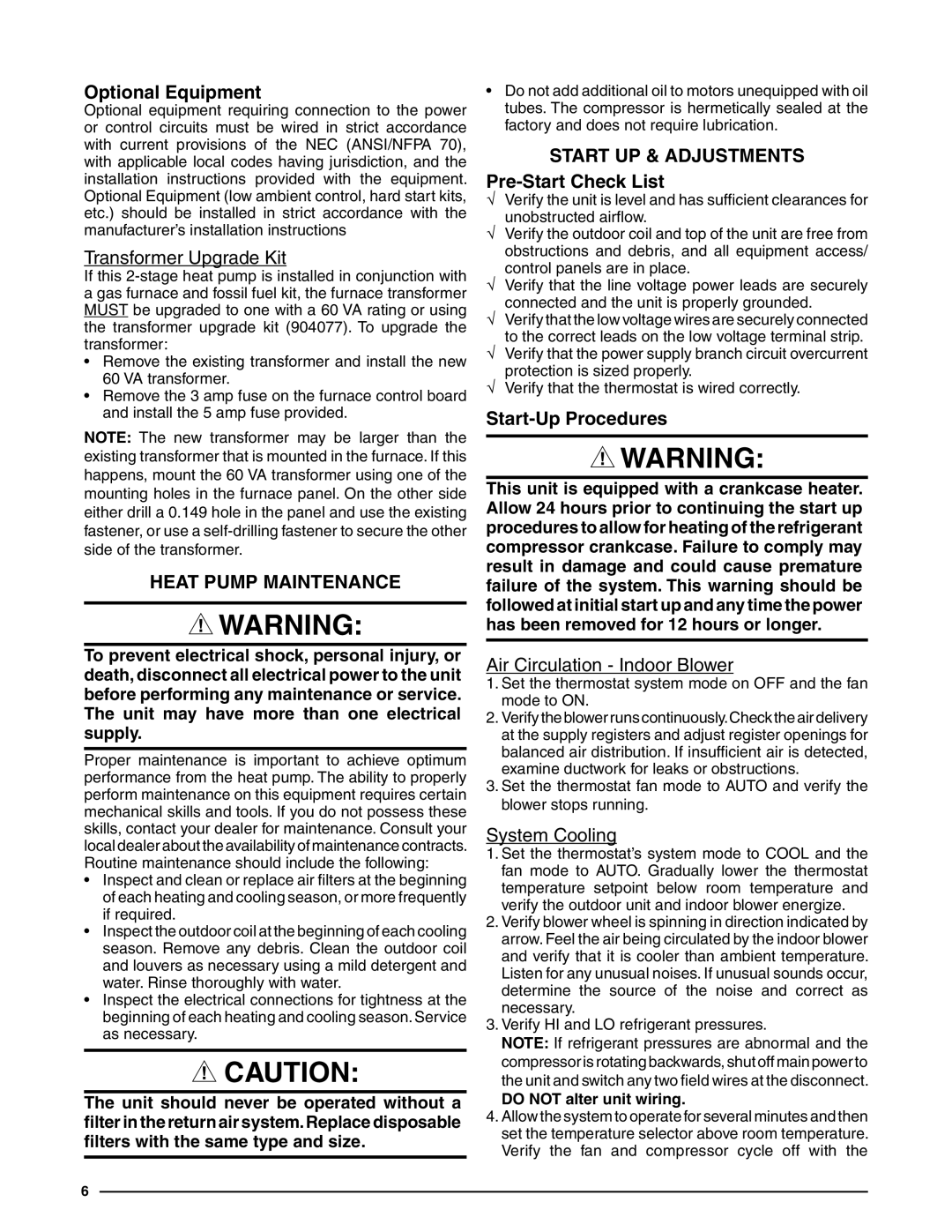 Heat Controller R-410A Optional Equipment, Heat Pump Maintenance, Start UP & Adjustments Pre-Start Check List 