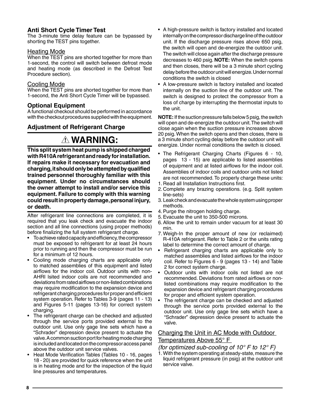 Heat Controller R-410A installation instructions Anti Short Cycle Timer Test, Adjustment of Refrigerant Charge 