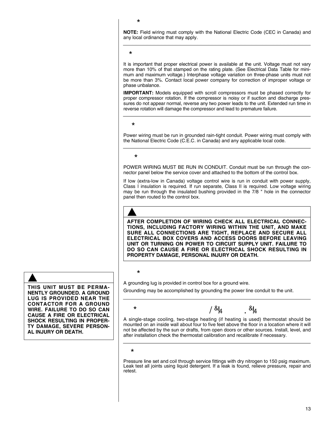 Heat Controller R-410A VIX. Wiring Electrical Power, XI. Power Wiring, XII. Wire Routing, XIII. Grounding 