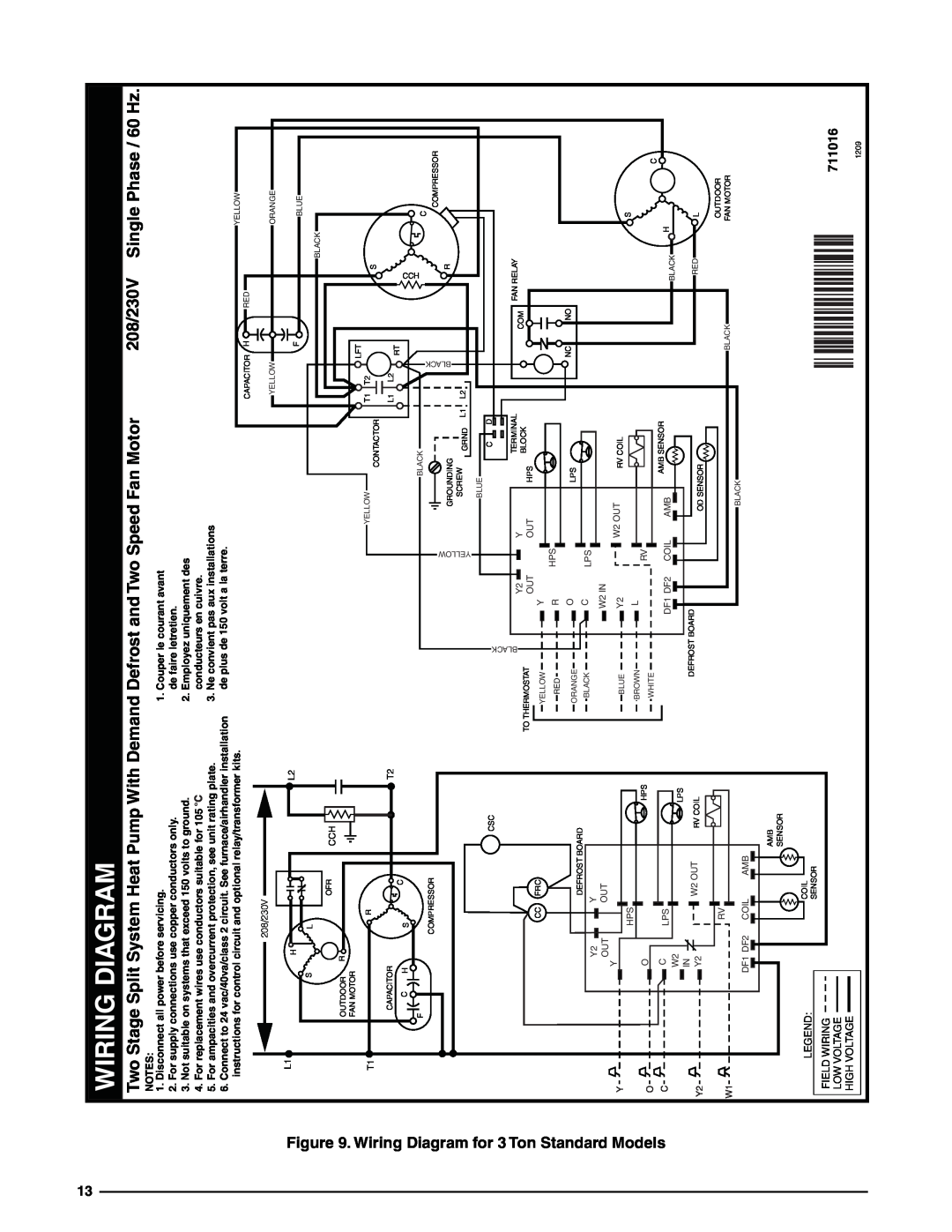 Heat Controller R-410A ¢711016q¤, Wiring Diagram, 208/230V Single Phase / 60 Hz, Models, for 3Ton, Standard, Low Voltage 