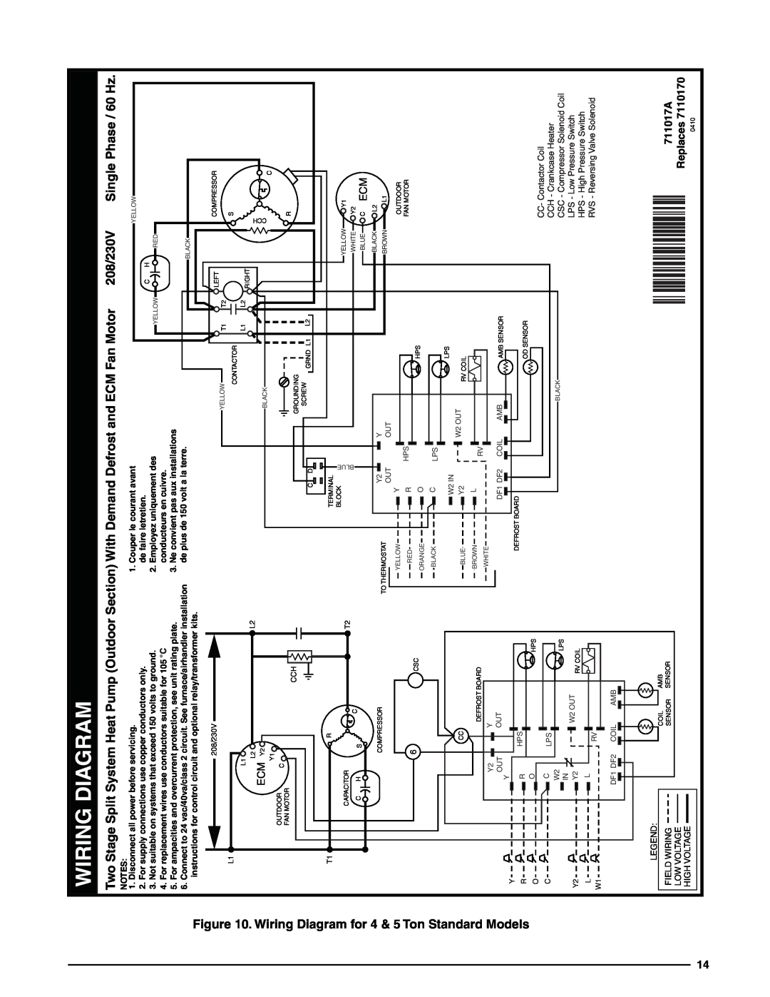Heat Controller R-410A ¢711017w¤ 711017A, Wiring Diagram, 208/230V Single Phase / 60 Hz, Replaces, CC- Contactor Coil 