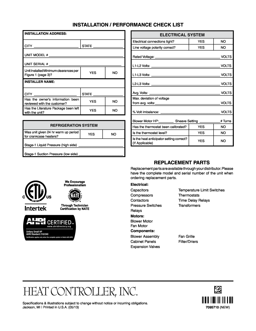 Heat Controller R-410A Installation / Performance Check List, Replacement Parts, Electrical System 