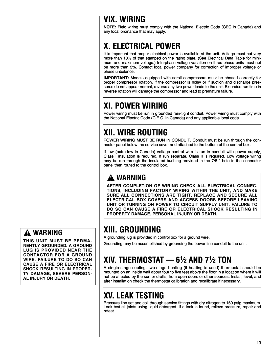 Heat Controller R-410A Vix. Wiring, X. Electrical Power, Xi. Power Wiring, Xii. Wire Routing, Xiii. Grounding 