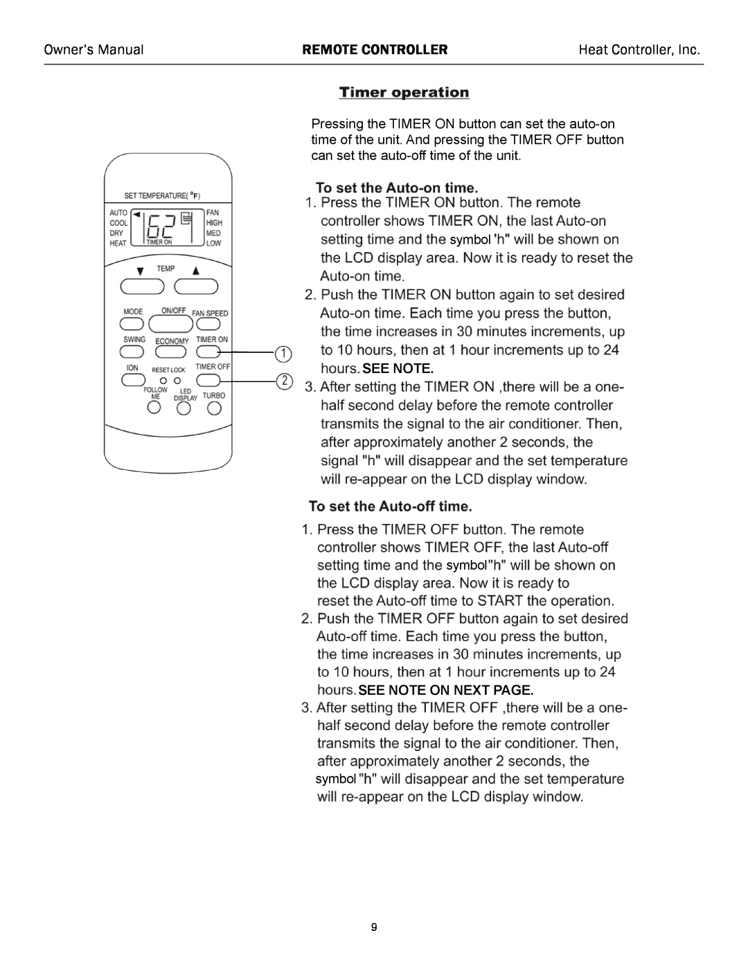 Heat Controller R51L11/BG(C)E Owner’s Manual, Remote Controller, Heat Controller, Inc, See Note On Next Page 