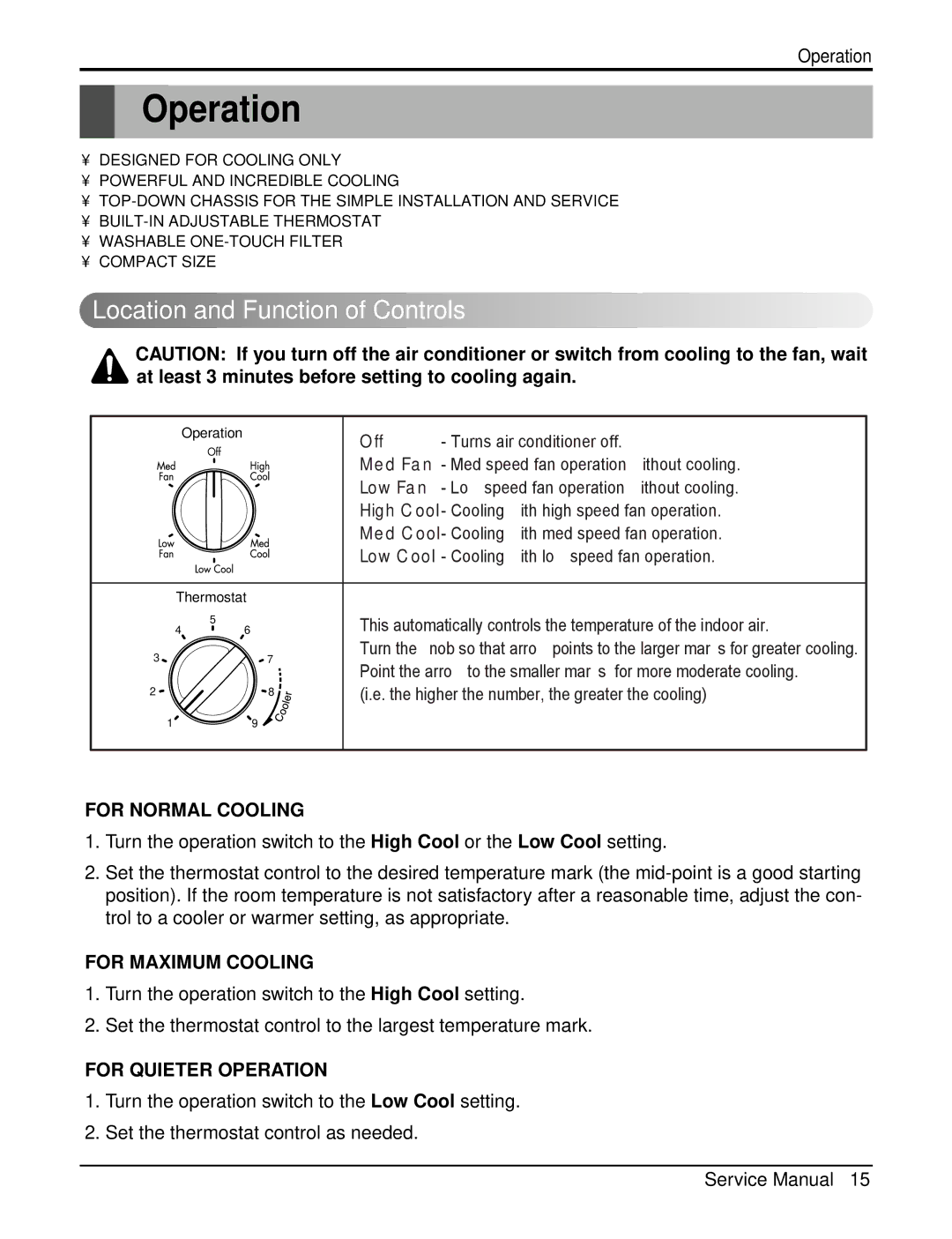 Heat Controller RAD-101A, RAD-81A Operation, Location and Function of Controls, For Normal Cooling, For Maximum Cooling 