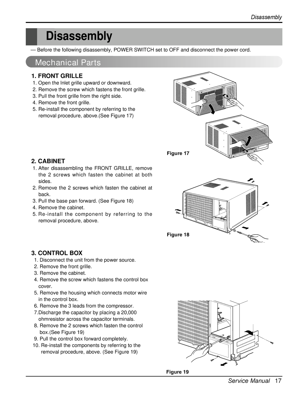 Heat Controller RADS-81B, RAD-101A, RAD-81A manual Disassembly, Mechanical Parts, Front Grille, Cabinet, Control BOX 