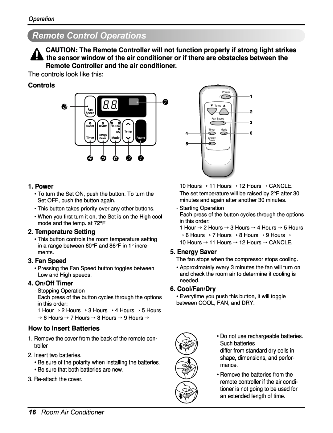 Heat Controller RAD-81A, RAD-101A RemoteControlOperations, Controls, Power, Temperature Setting, Fan Speed, 4.On/Off Timer 