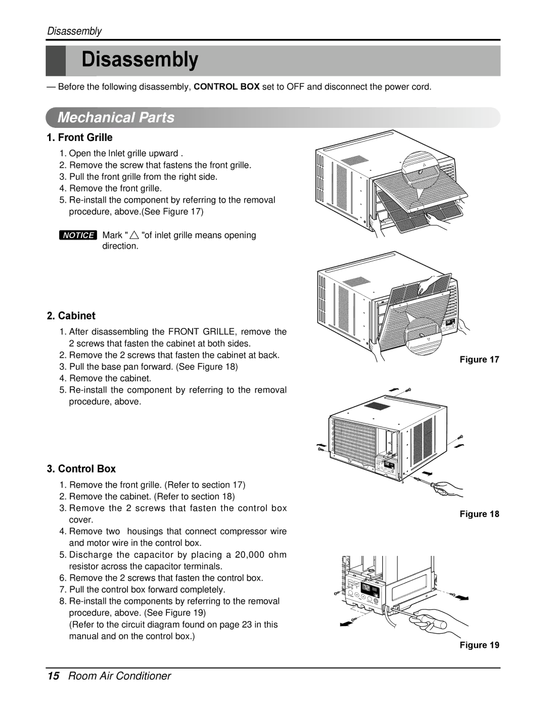 Heat Controller RAD-183A, RAD-243A service manual Disassembly, Mechanical Parts, Front Grille, Cabinet, Control Box 