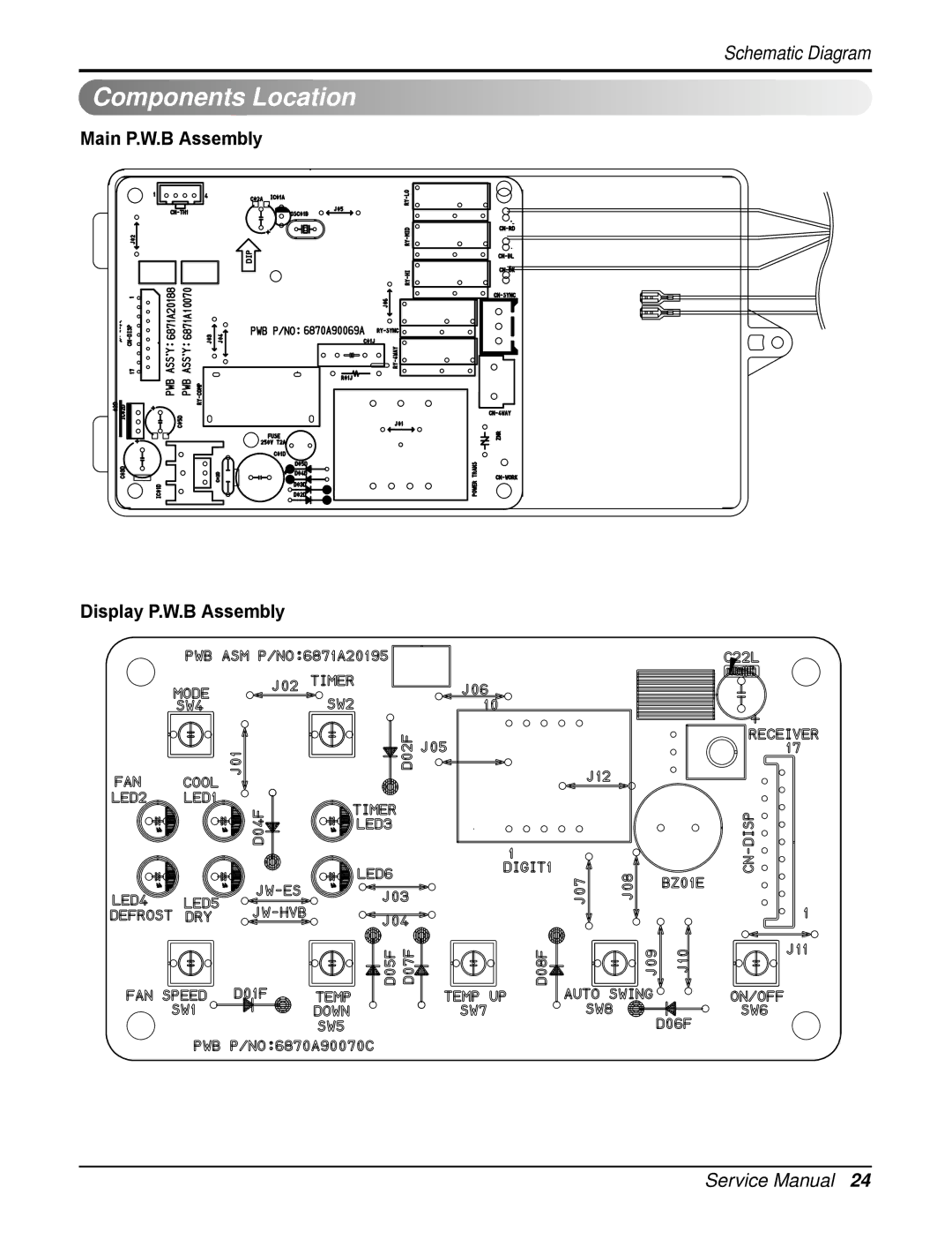 Heat Controller RAD-243A, RAD-183A service manual Components Location, Main P.W.B Assembly Display P.W.B Assembly 