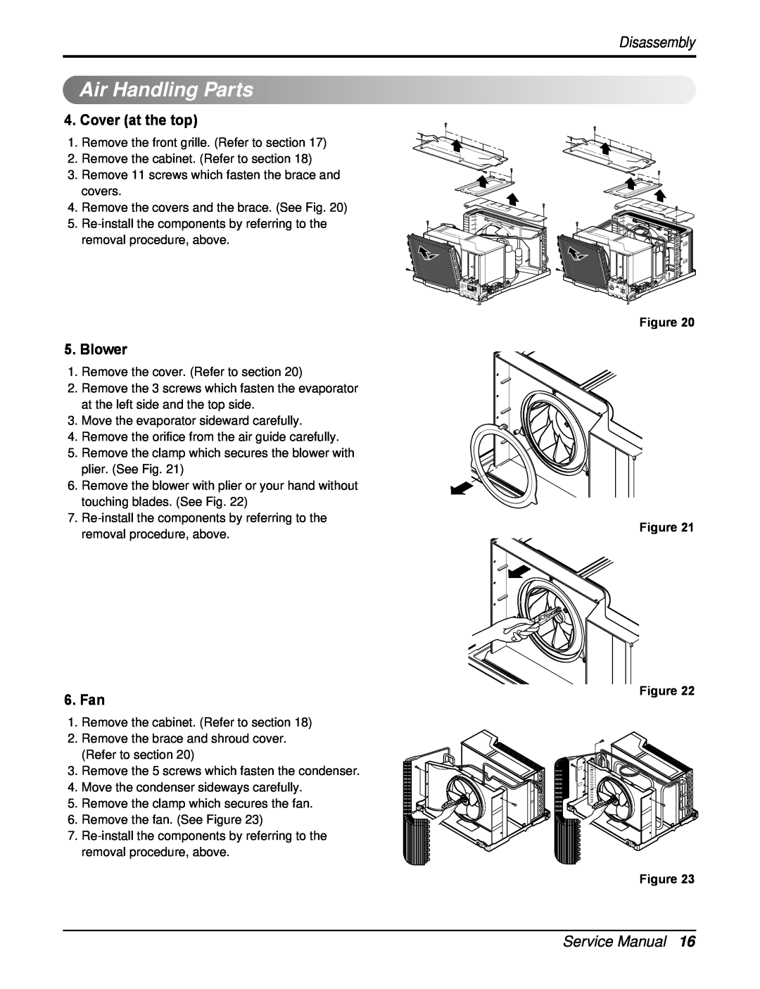 Heat Controller RAD-243A Air HandlingParts, Cover at the top, Blower, 6.Fan, Disassembly, Figure Figure Figure Figure 