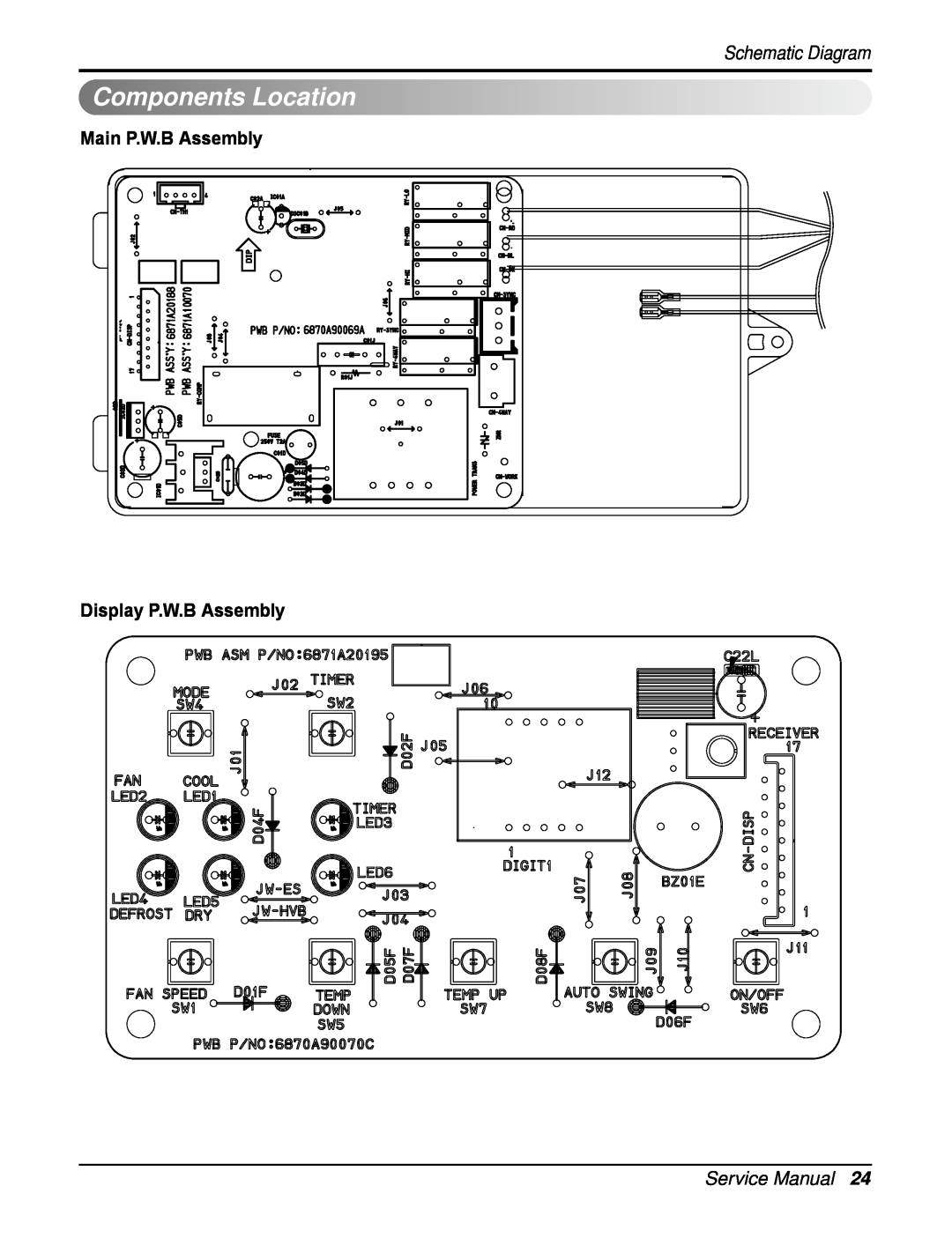 Heat Controller RAD-243A, RAD-183A ComponentsLocation, Main P.W.B Assembly Display P.W.B Assembly, Schematic Diagram 