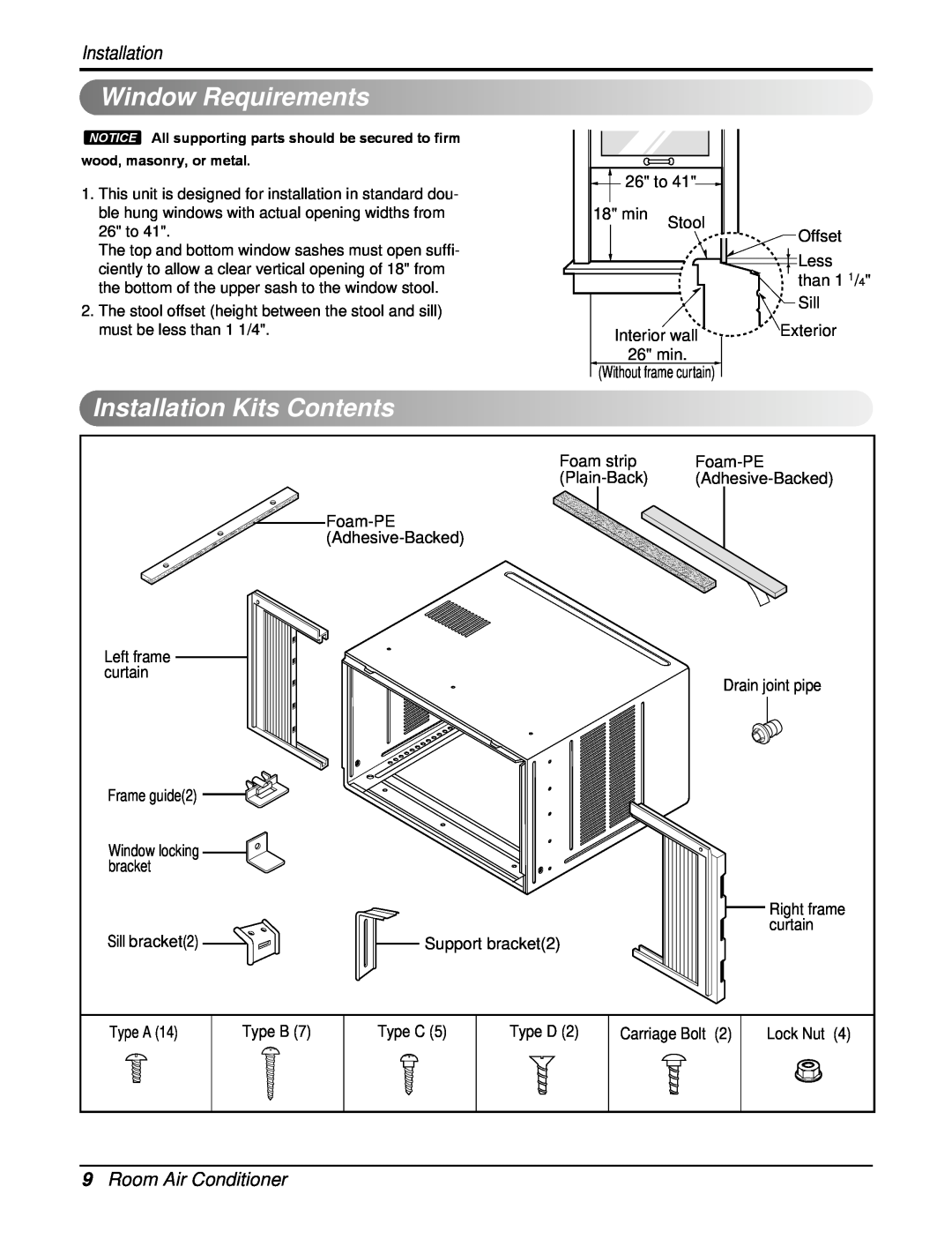 Heat Controller RAD-183A, RAD-243A service manual Window Requirements, InstallationKits Contents, 9Room Air Conditioner 
