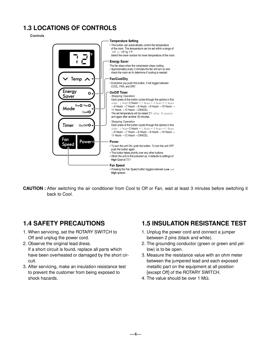 Heat Controller RADS-51B manual Locations of Controls, Safety Precautions, Insulation Resistance Test 