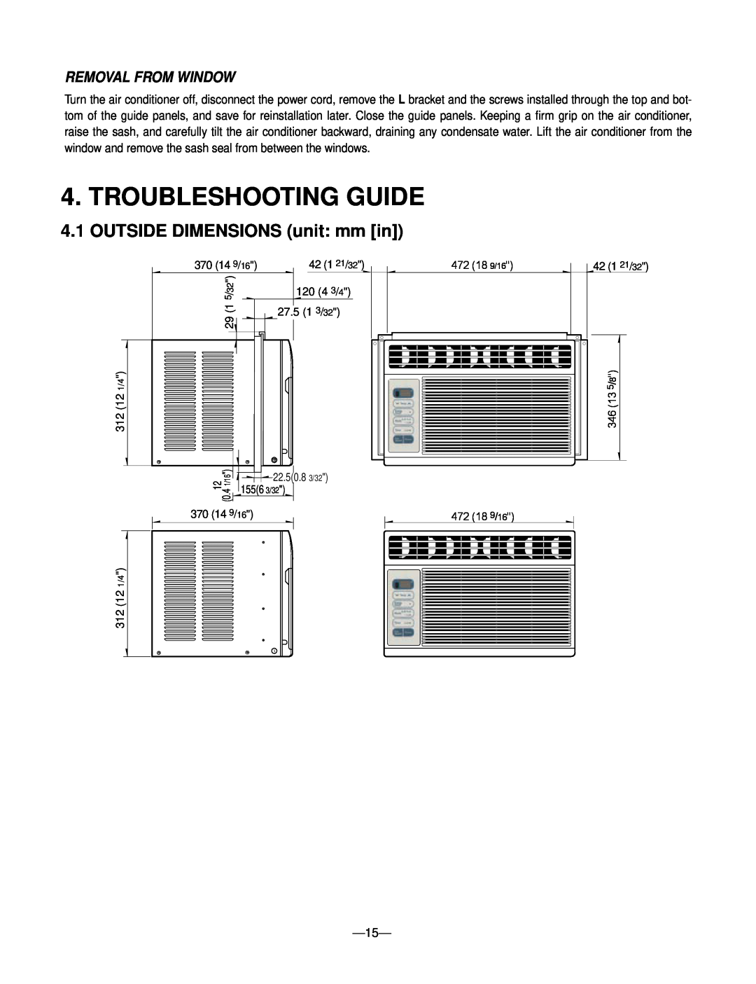 Heat Controller RADS-51B manual Troubleshooting Guide, OUTSIDE DIMENSIONS unit mm in, Removal From Window 