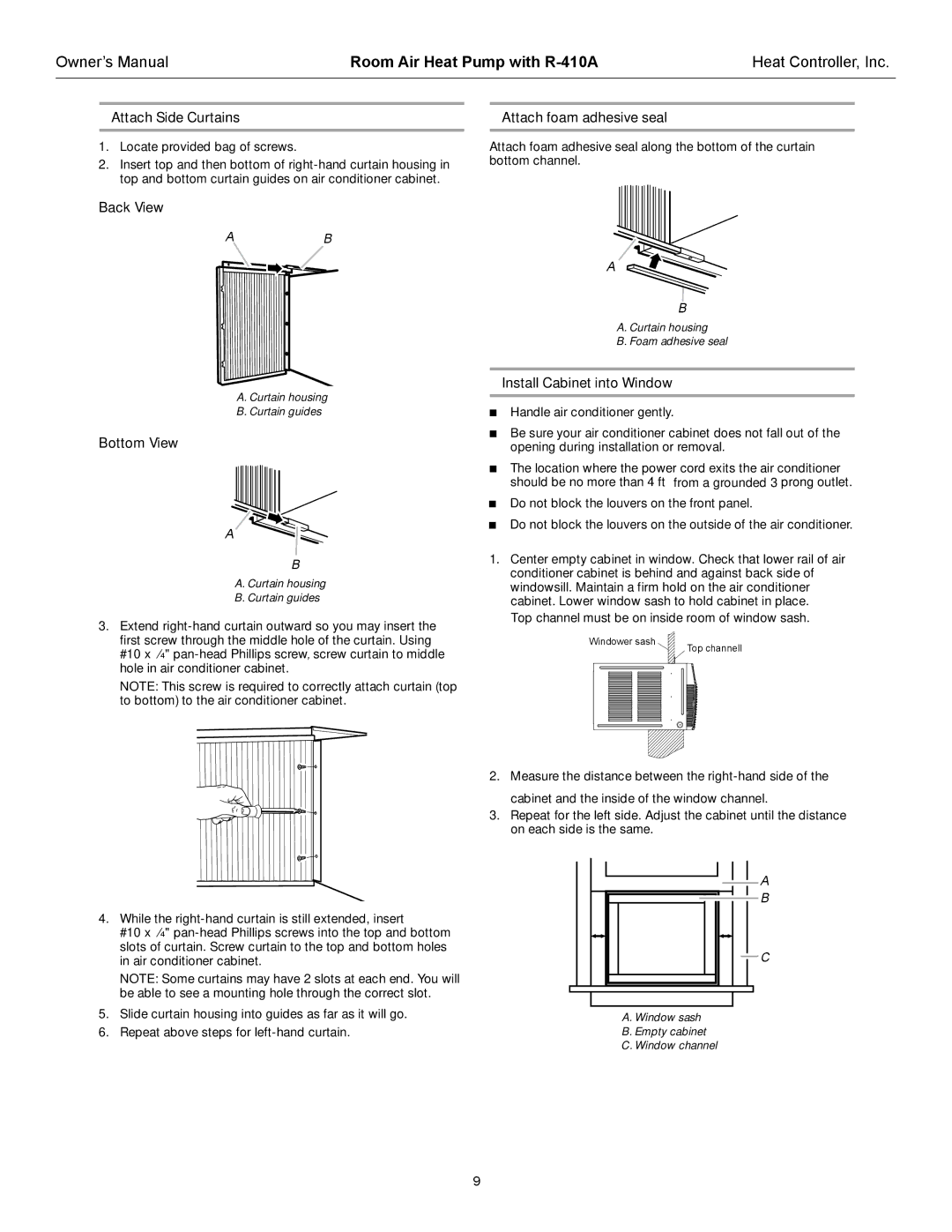 Heat Controller RAH-123G owner manual Attach Side Curtains, Back View, Bottom View, Attach foam adhesive seal 