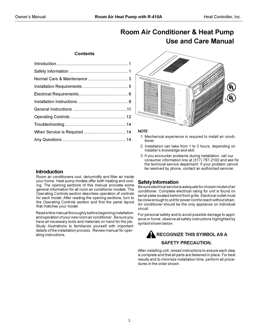 Heat Controller RAH-123G owner manual Introduction, SafetyInformation 