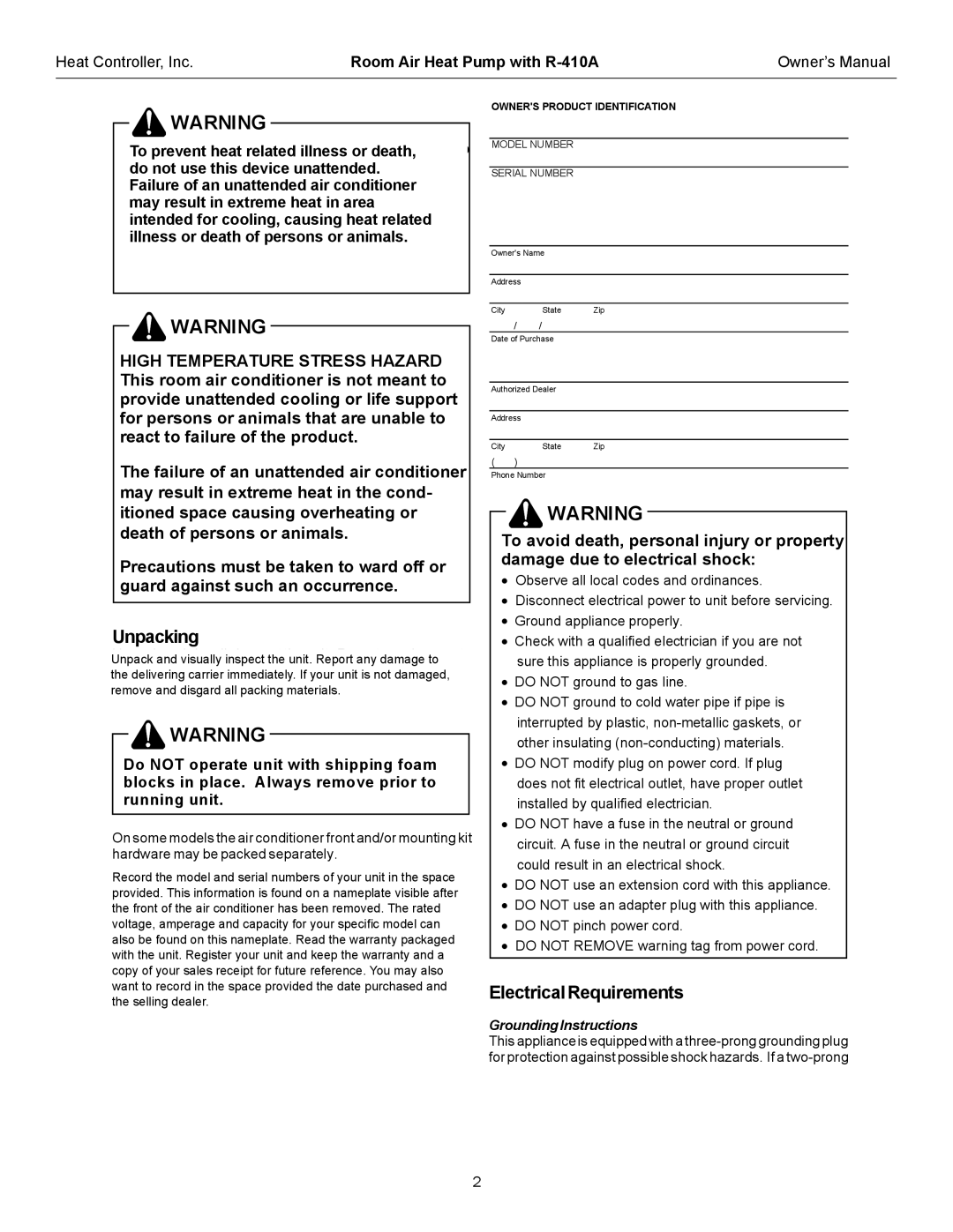 Heat Controller RAH-123G owner manual Unpacking, ElectricalRequirements, GroundingInstructions 