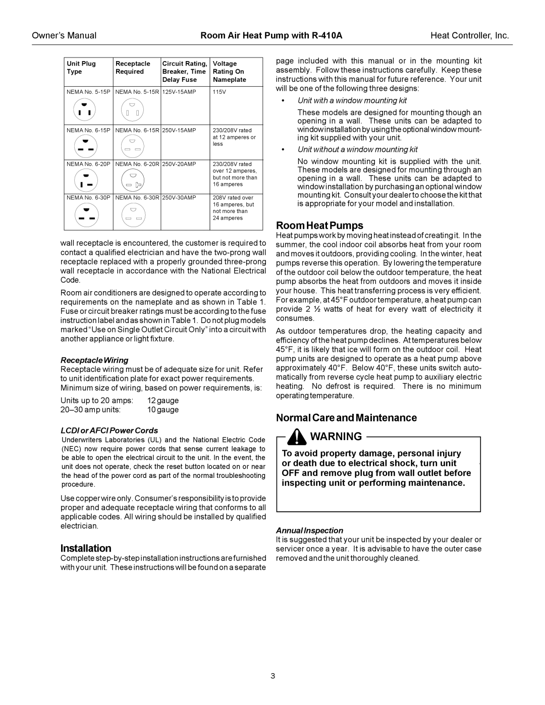 Heat Controller RAH-123G owner manual Installation, RoomHeatPumps, NormalCareandMaintenance 