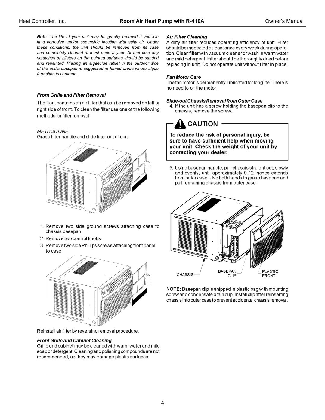 Heat Controller RAH-123G owner manual Air Filter Cleaning, Fan Motor Care, Front Grille and Filter Removal 