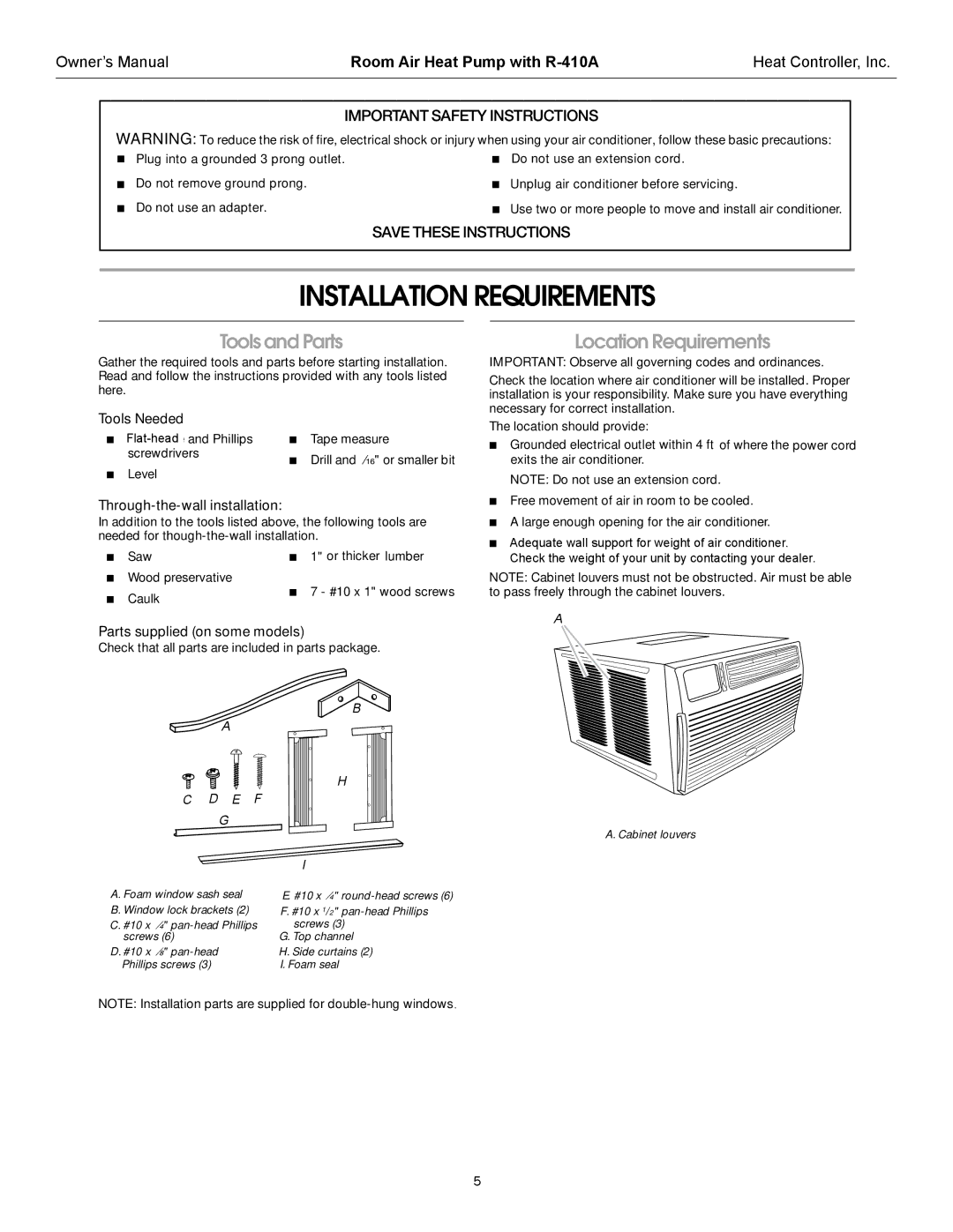 Heat Controller RAH-123G owner manual Tools Needed, Through-the-wall installation, Parts supplied on some models 