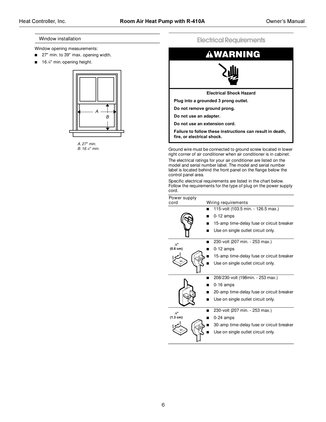 Heat Controller RAH-123G owner manual Electrical Requirements, Window installation 