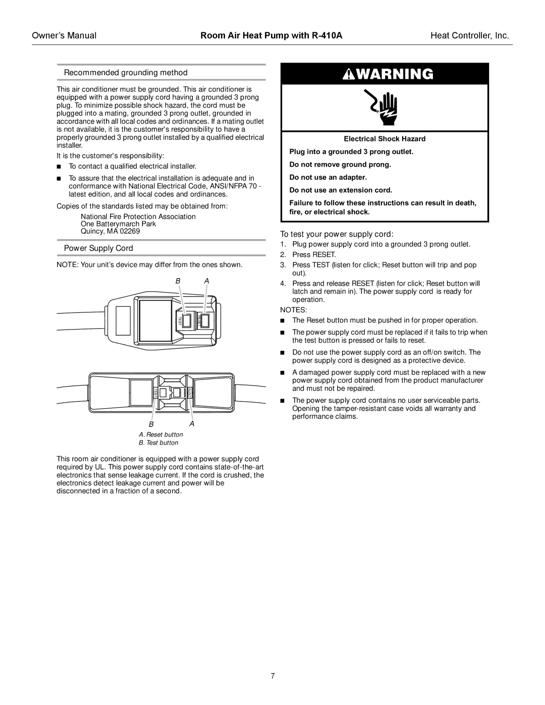 Heat Controller RAH-123G owner manual Recommended grounding method, Power Supply Cord, To test your power supply cord 