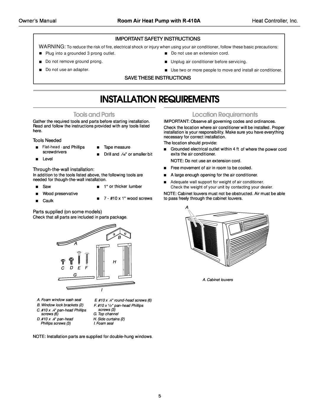 Heat Controller RAH-123G Installation Requirements, Tools and Parts, Location Requirements, Important Safety Instructions 