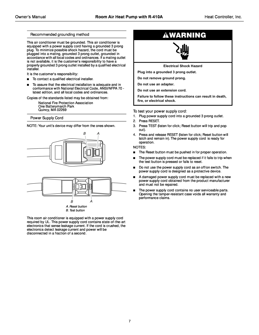Heat Controller RAH-123G owner manual Room Air Heat Pump with R-410A, Heat Controller, Inc, Electrical Shock Hazard 